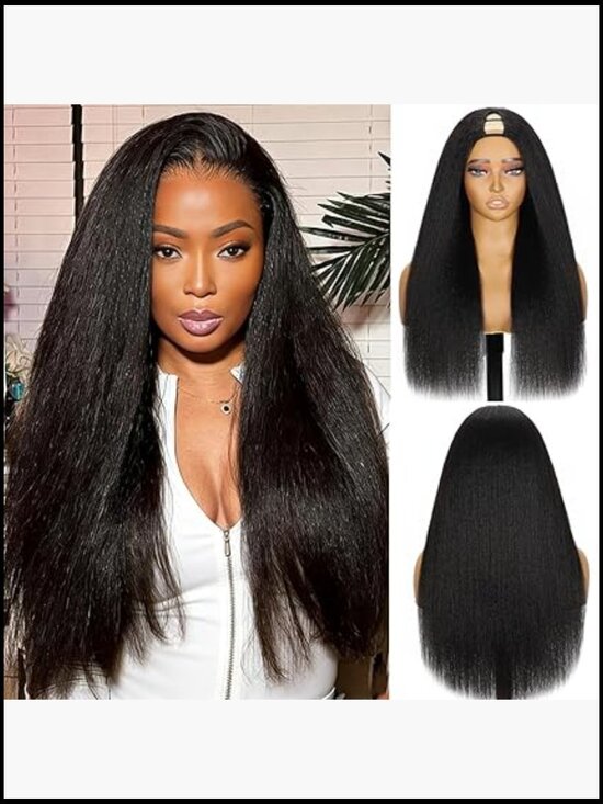 22Inch Kinky Straight V Part Wig Human Hair Drawstring Glueless 220% Density